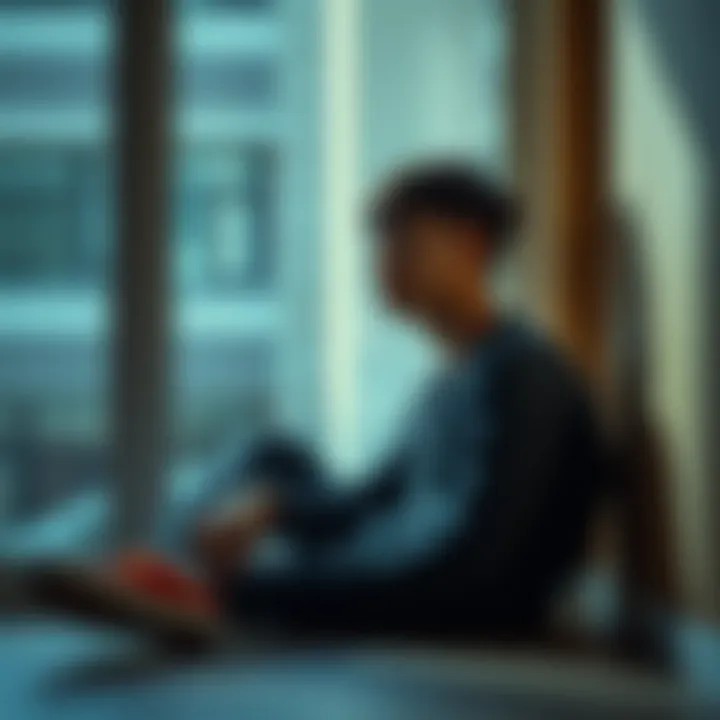 College student reflecting on self A college student sits quietly with a thoughtful expression, gazing out of a window, contemplating their feelings of detachment during a difficult time.