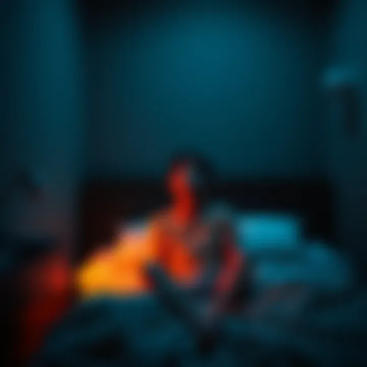 A college student sitting up in bed, looking scared in a dimly lit room, with shadows and an eerie atmosphere, reflecting a sleep paralysis experience after a research trip.