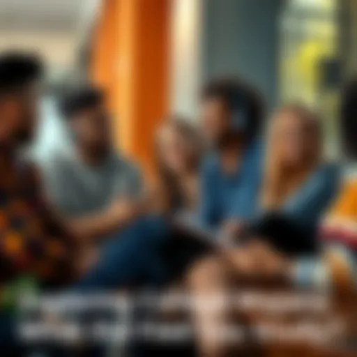 A group of diverse college students sitting together discussing their majors and studies in a casual setting.