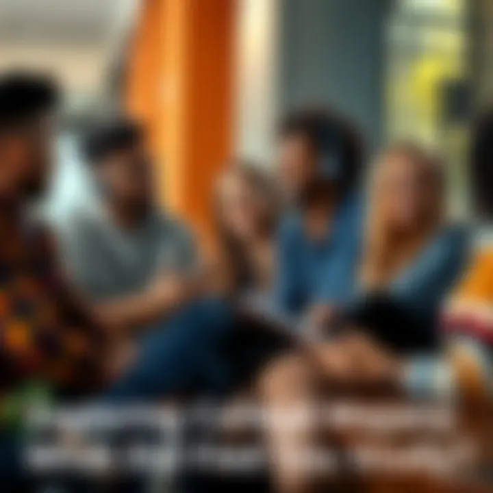 A group of diverse college students sitting together discussing their majors and studies in a casual setting.