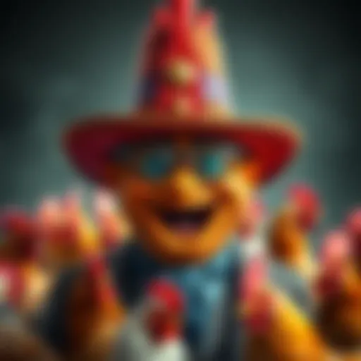 A colorful character named Colonel Beans wearing a hat and surrounded by chickens, symbolizing a whimsical connection between magick and poultry.