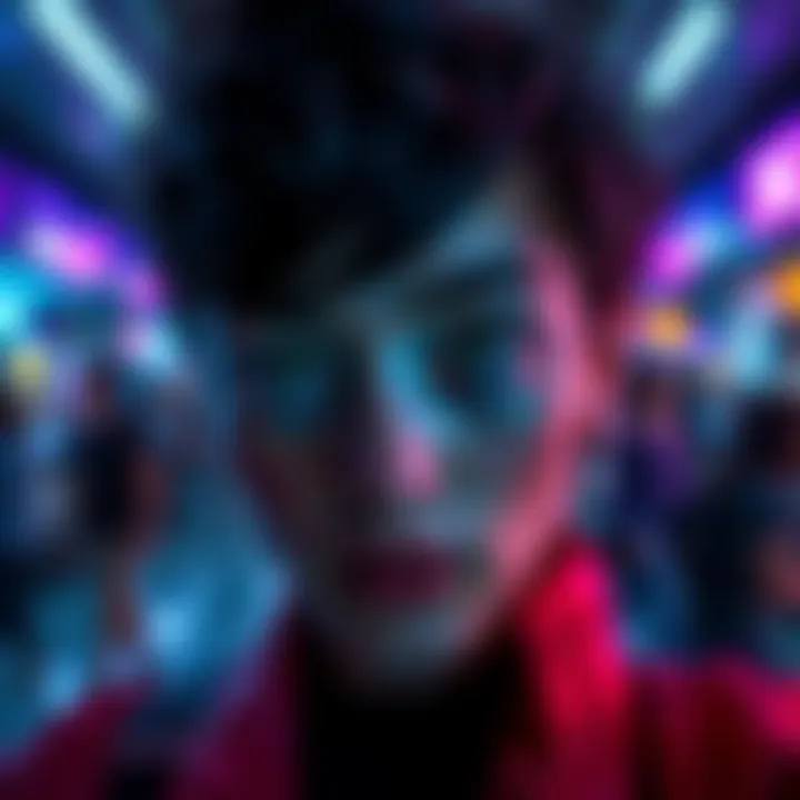 A person showcasing mesmerizing greenish-blueish-grayish eyes that change color based on their clothing, surrounded by colorful outfits and bright lighting.