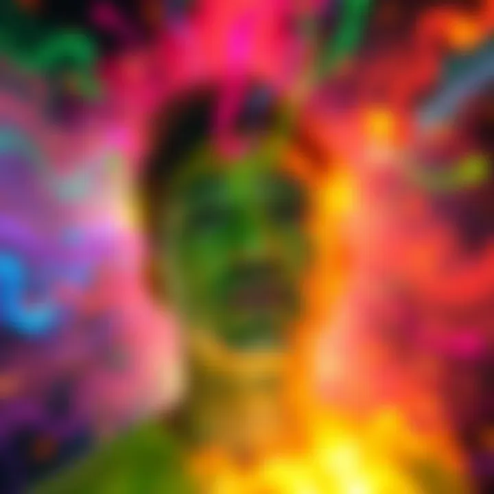 Color perception in out-of-body experience A visual representation of a person experiencing an out-of-body moment, surrounded by vibrant colors, focusing on green as a symbol of learning.