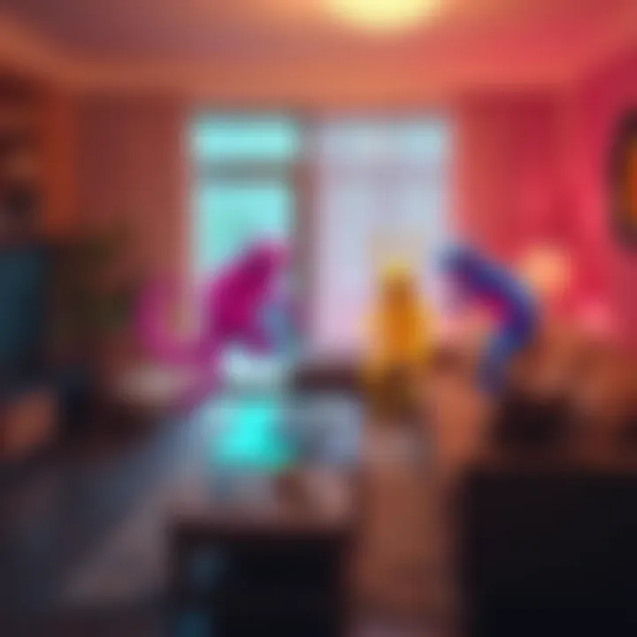 Bizarre creatures changing colors in a living room, showing synchronized movements around furniture.