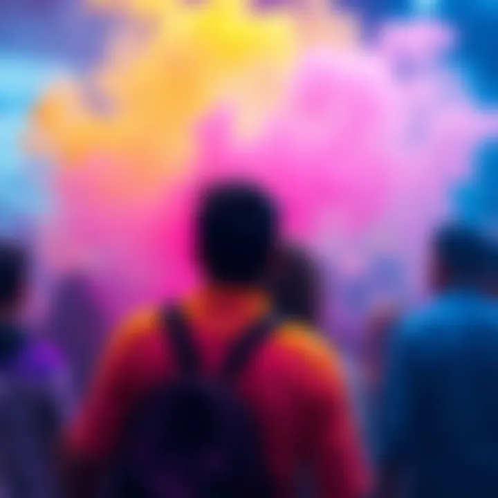 A vibrant color palette with people interacting and guessing a color, creating a lively atmosphere