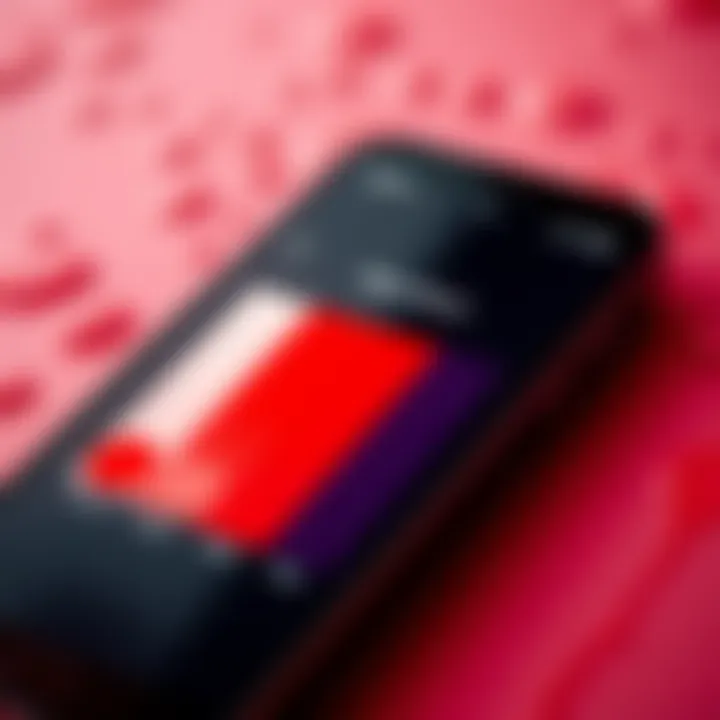 A close-up of a smartphone screen displaying the Color Identification app highlighting various shades of red, simulating the color of blood.