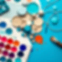 A vibrant display of blue and turquoise shades with color swatches and paints