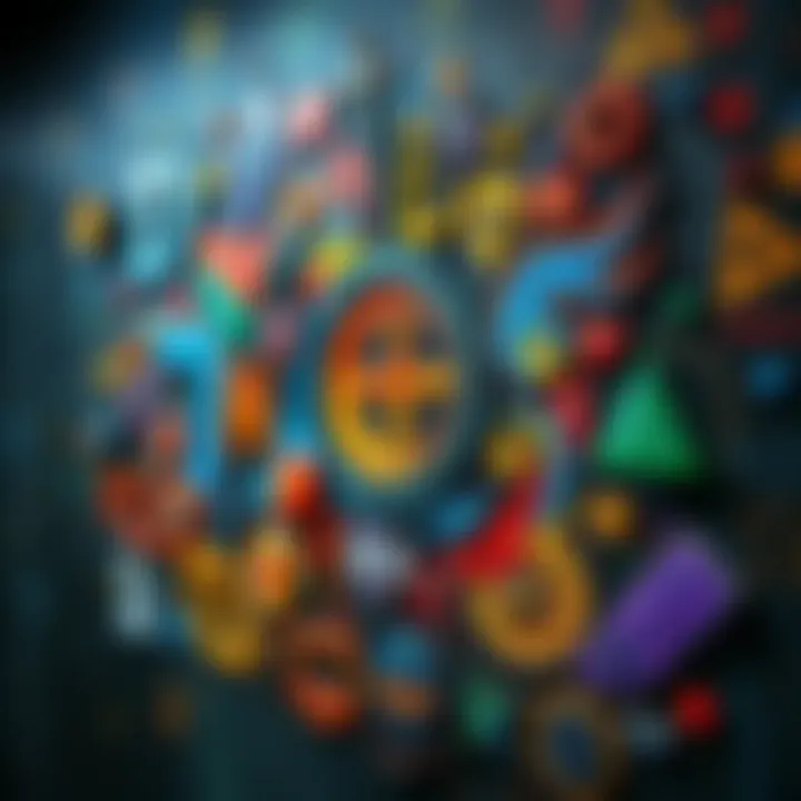 An abstract artwork featuring various symbols and vibrant colors, showcasing the artist's creative expression.