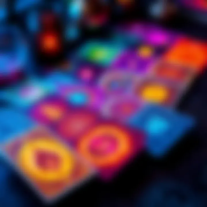 A display of vibrant Akashic cards featuring various symbols and imagery that represent energy and intuition.