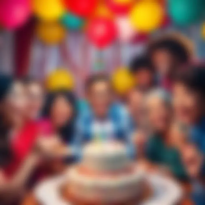 Colorful Birthday Celebration A group of diverse people celebrating a birthday with balloons, cake, and smiles