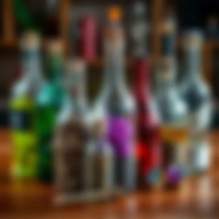 A collection of colorful bottles filled with various spell ingredients like herbs and crystals, arranged on a wooden table.