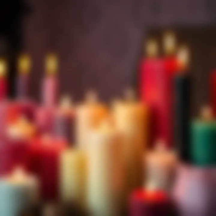 A variety of colored candles arranged for spellwork, each representing different intentions and energies.