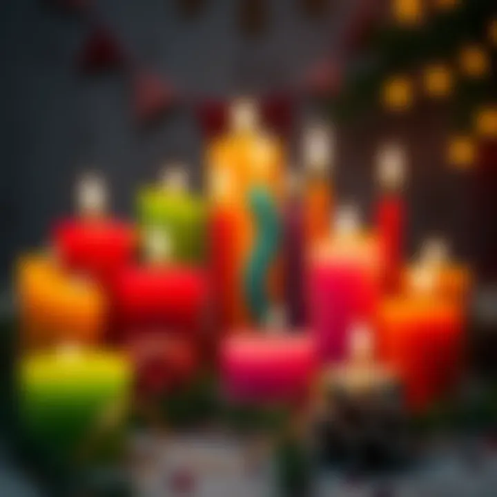 A variety of candles in different colors arranged for Yule celebration, symbolizing their significance during the festivities.