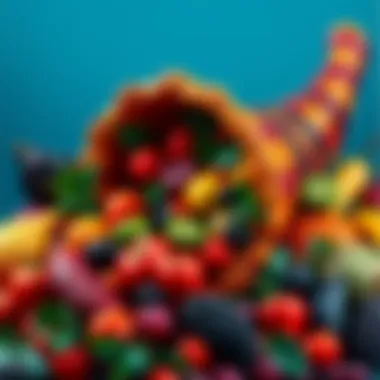 Colorful cornucopia filled with fruits A vibrant cornucopia overflowing with fresh fruits and vegetables, symbolizing abundance and knowledge.