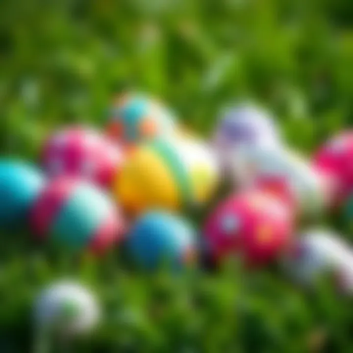 Colorful Easter Eggs on Grass A vibrant array of decorated Easter eggs on green grass, perfect for an egg hunt.