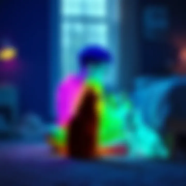 A colorful figure sitting on the floor by a bed, gently petting two cats, appearing translucent in the dim light of the room