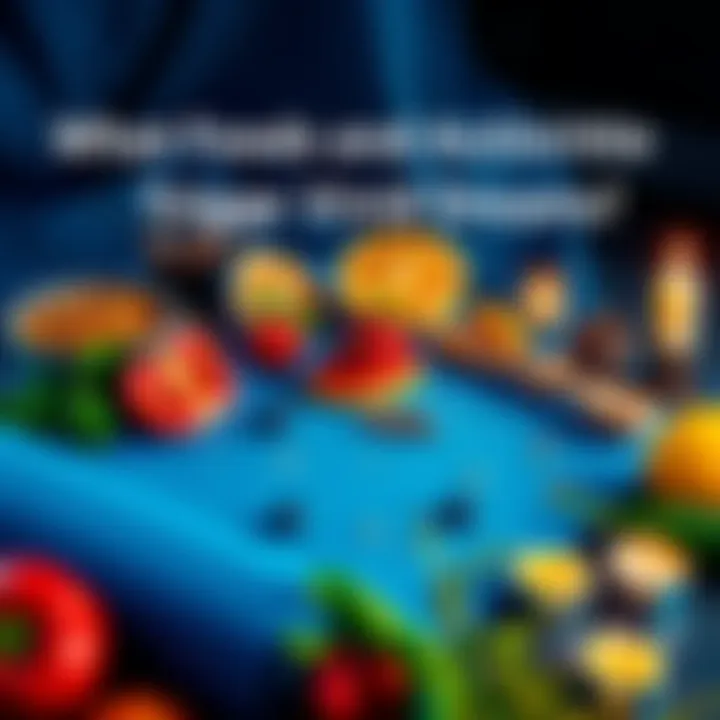 A variety of colorful foods like fruits and herbs alongside meditation tools such as a mat and candles, representing ways to enhance dreams
