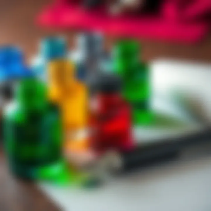 An assortment of ink bottles in various colors like blue, red, and green, placed next to a pen and parchment for spell writing.
