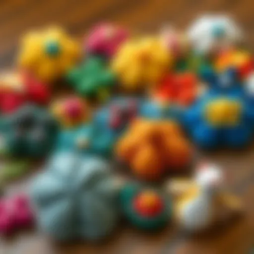 A variety of unique needle-felted crafts representing good luck symbols, featuring colorful designs inspired by different cultures, displayed on a wooden table