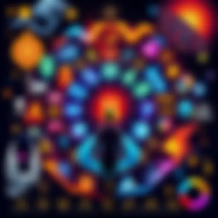 A vibrant chart displaying various numbers and their meanings in numerology, surrounded by mystical symbols and images representing different realities.