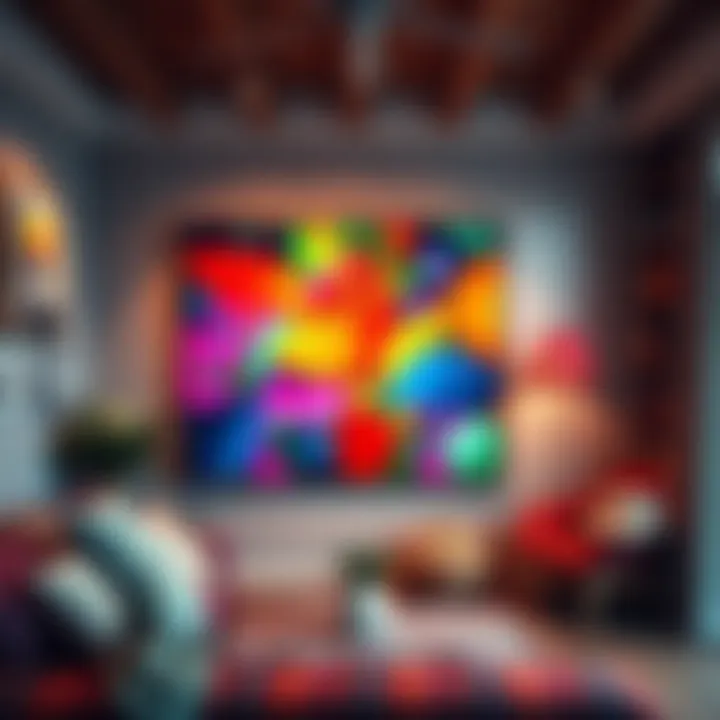 Large colorful painting in a cozy room A vibrant painting hangs on the wall of a cozy room, adding character and warmth to the space.
