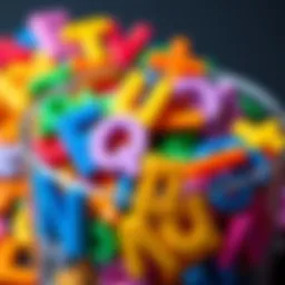 A close-up of a cup filled with various colorful plastic magnet letters, with one letter partially hidden inside.