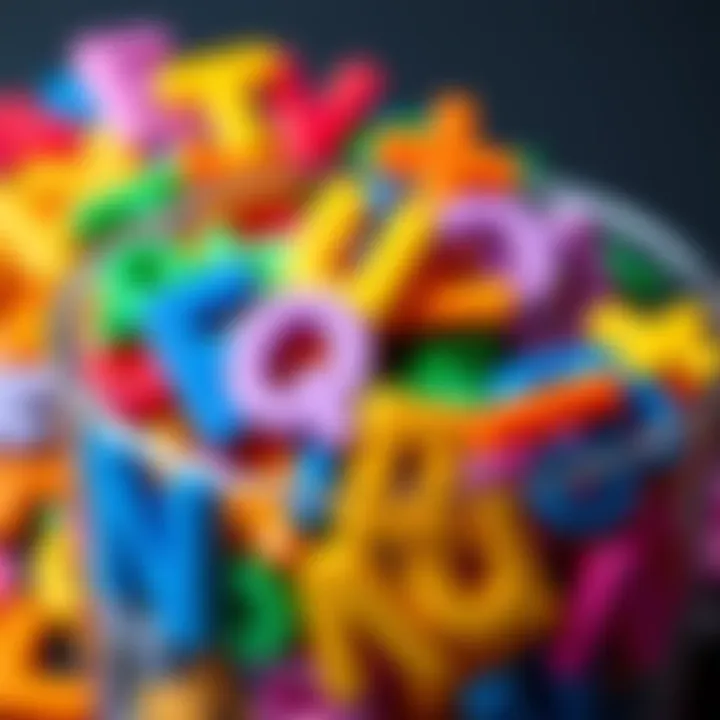 Colorful Plastic Magnet Letters A close-up of a cup filled with various colorful plastic magnet letters, with one letter partially hidden inside.