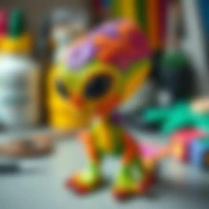 A vibrant alien figure made from polymer clay, showcasing unique details and colors, displayed on a crafting table.
