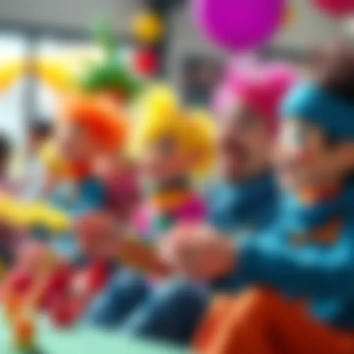 Colorful poppets with people playing A group of people laughing and playing with colorful poppets in a cheerful setting