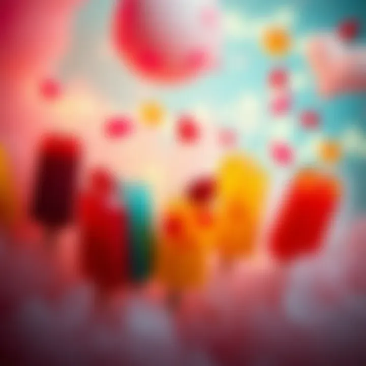 A surreal scene featuring various brightly colored popsicles in a dreamlike landscape, with elements of nostalgia and family interactions, evoking mixed emotions.