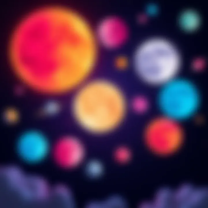 A vibrant display of various air moons floating in space, showcasing their unique shapes and colors against a dark starry background.