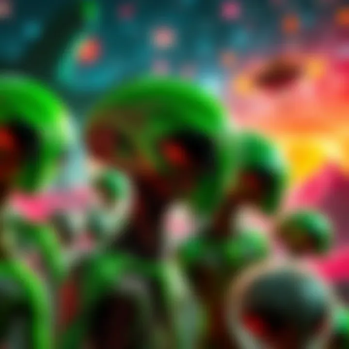 A vibrant collection of alien-themed art pieces, including green aliens, UFOs, and cosmic backgrounds.