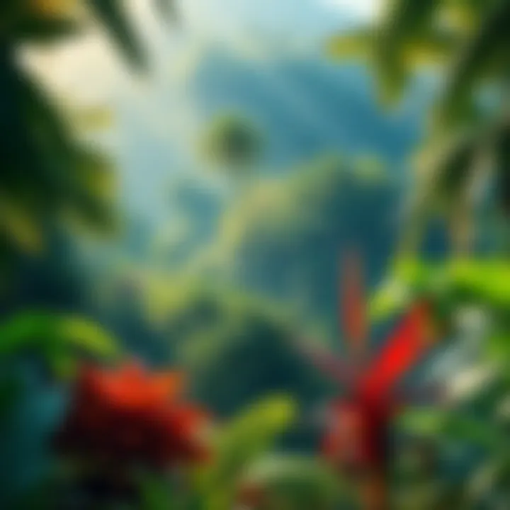 A vibrant view of the Amazon rainforest, showcasing lush greenery and diverse plant life, hinting at hidden species