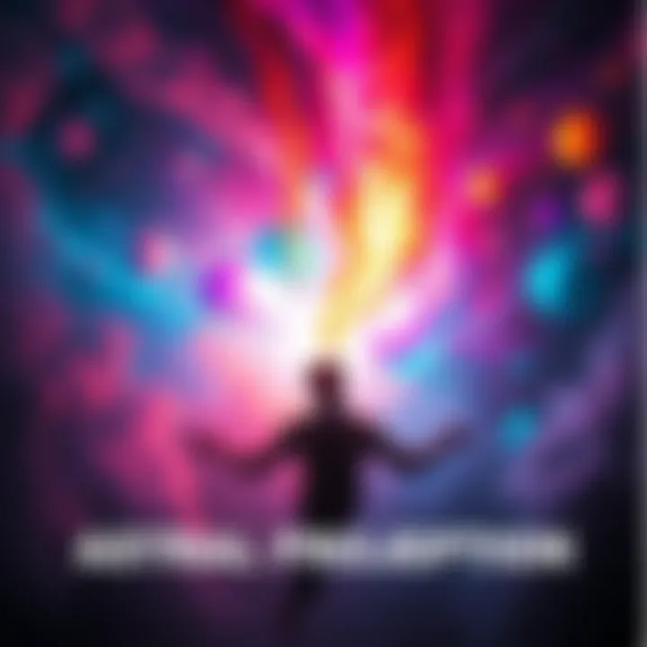 A person experiencing astral projection with vibrant colors and a sense of floating, surrounded by a dream-like environment