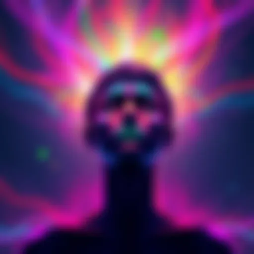 An illustration showing a person surrounded by colorful energy representing their aura, with various shades blending together in a glowing effect.
