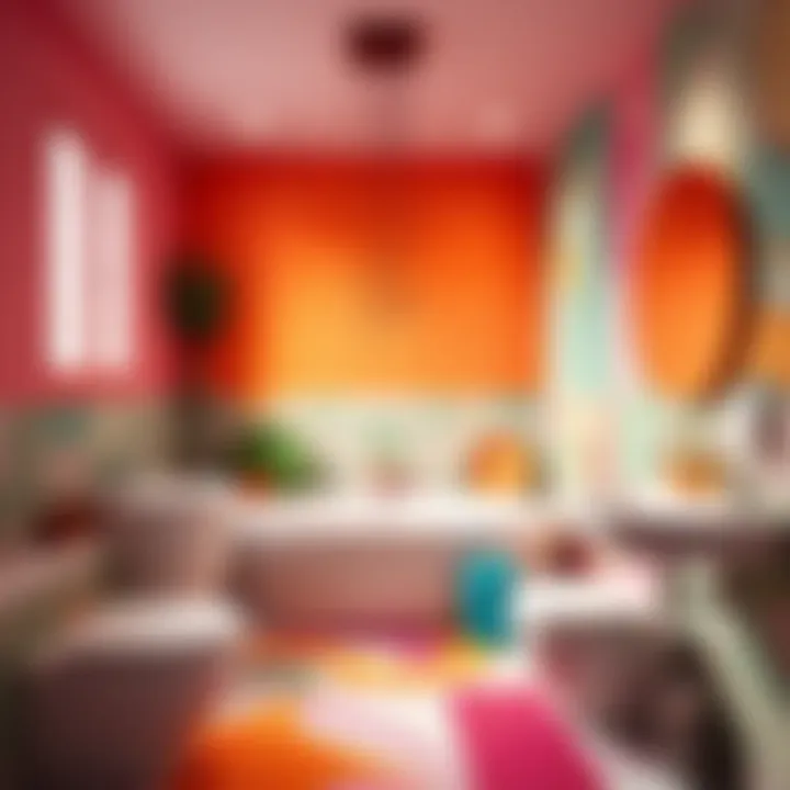A vibrant women's bathroom featuring unique color schemes and modern fixtures