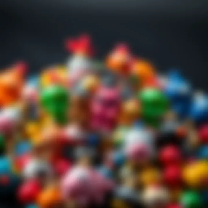 Colorful bead characters A collection of handmade beads featuring unique characters in various colors and designs, showcasing artistic creativity.