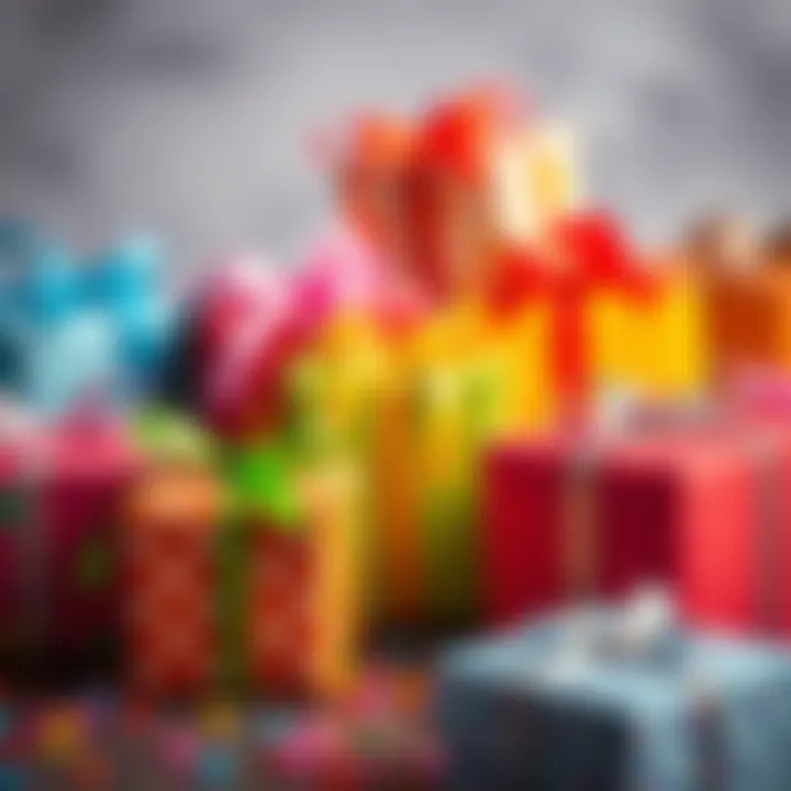 A collection of vibrant gift boxes wrapped with ribbons, perfect for a child's birthday party.