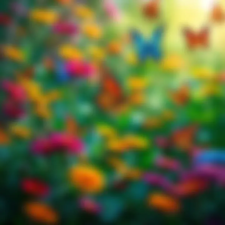 A variety of butterflies fluttering among colorful flowers in a lush garden setting