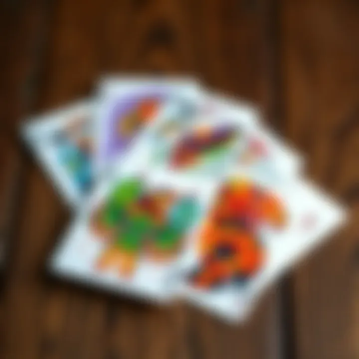 A vibrant deck of cards displaying various artistic designs, showcasing both hand-drawn and digital art styles, placed on a wooden surface.