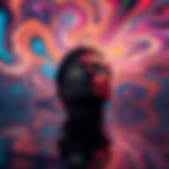 A person enhancing their closed-eye visuals in a serene setting, surrounded by swirling colors and patterns, reflecting a tranquil morning atmosphere.