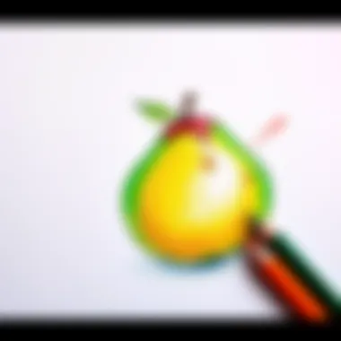 A colorful drawing of a fruit with a pen placed beside it, inviting people to guess the pen color and fruit type.