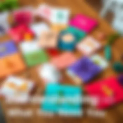 A variety of colorful party invitations spread out on a wooden table, showcasing different designs and styles, with decorative elements around them.