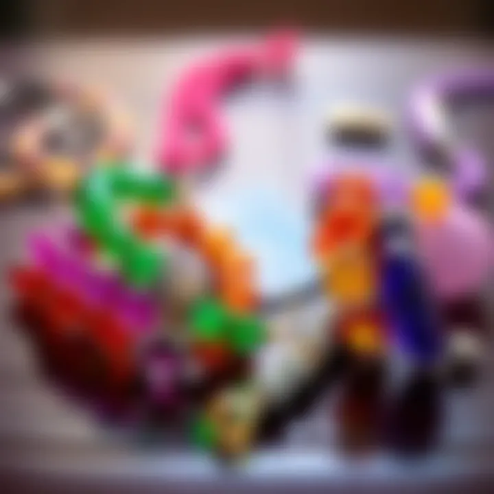 A collection of colorful bracelets made from green aventurine, amethyst, and citrine displayed on a table.