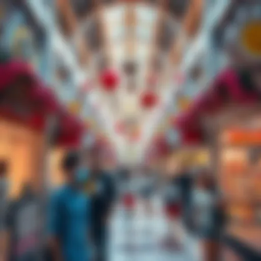 A vibrant mall interior bustling with people shopping and socializing, showcasing lively storefronts and decorations