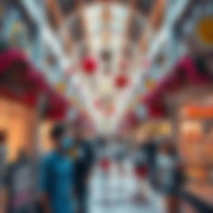 A vibrant mall interior bustling with people shopping and socializing, showcasing lively storefronts and decorations