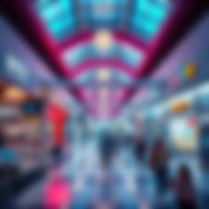 Bright and spacious mall with different store signs and shoppers walking around