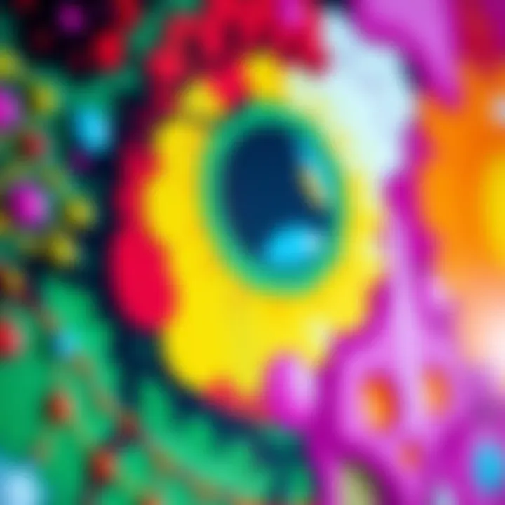 A close-up view of a vibrant picture with various colors and shapes, inviting viewers to notice its visual elements.