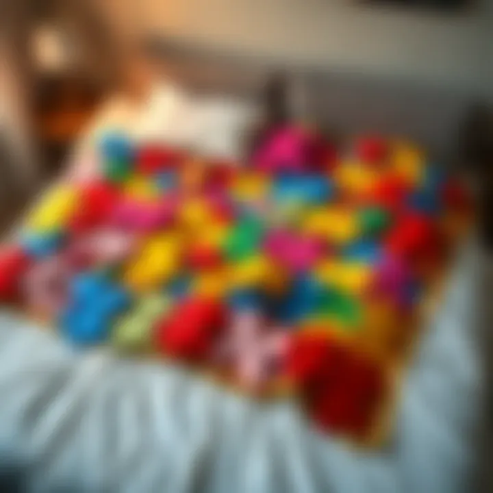 A cozy blanket made of colorful puzzle pieces laid out on a bed