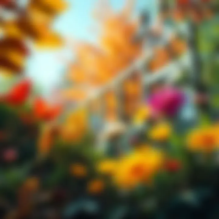 A vibrant scene showing various natural elements representing seasons and colors in the Southern Hemisphere, including blooming flowers and changing leaves.